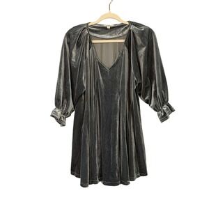 Umgee USA Gray Velvet Swing‎ Dress Mini 3/4 Sleeve Ruffle Cuff V Neck Womens M